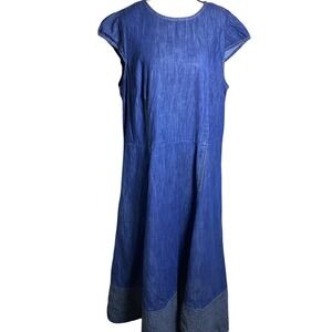 eShakti Blue Denim Fit and Flare Midi Dress Cap Sleeve Back Zip Plus 2X 22W